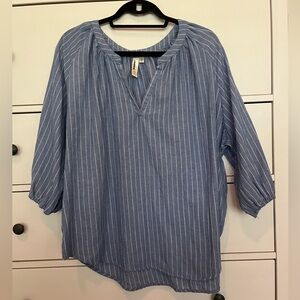 3/4 sleeve blue and white striped blouse